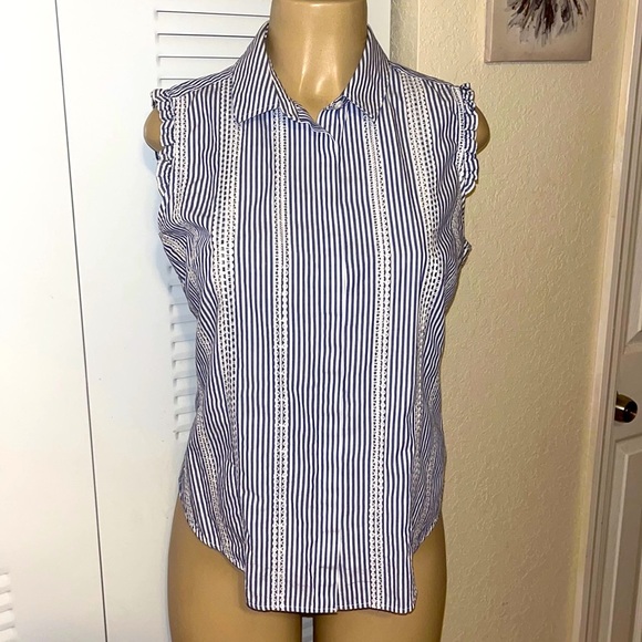 Brooks Brothers Tops - LAST CHANCE ❣️Brooks Brothers Striped Indigo White Ruffled Short Sleeve blouse